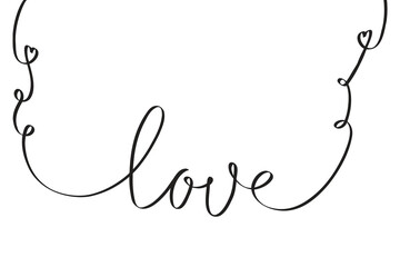 One line love word drawing. Continuous fine line lettering and hearts, minimalist romantic calligraphy text for valentines day greeting card, wedding invitation. Vector illustration