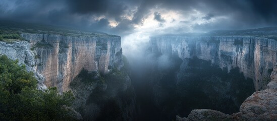 Fototapeta premium Dramatic canyon landscape with stormy clouds and fog.