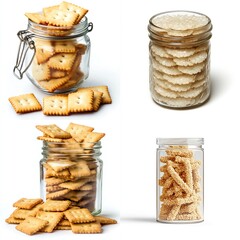 Crackers, biscuits, and snacks in glass jars.
