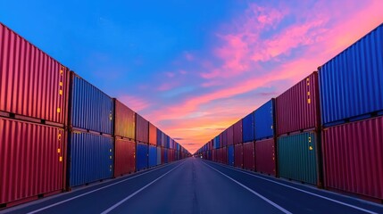 Colorful shipping containers at sunset, port road, global trade