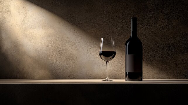 Red wine bottle and glass on wooden shelf with dramatic lighting.