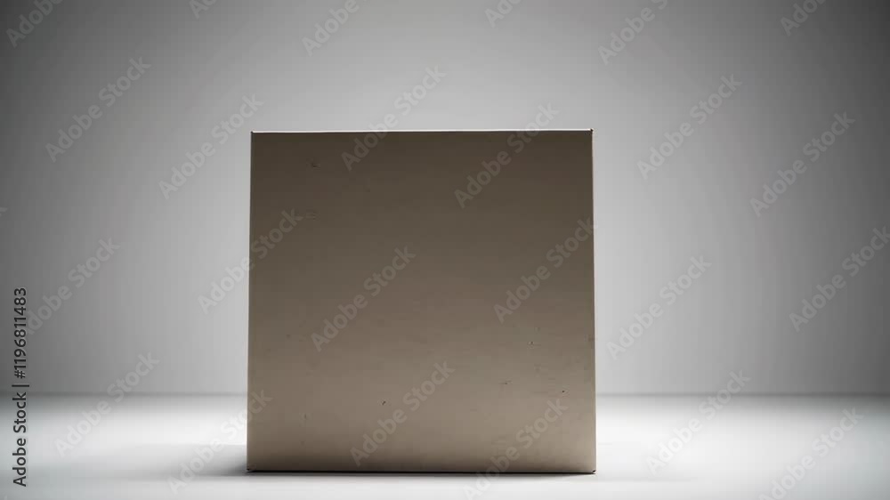 Poster sleek white box displayed on a neutral backdrop, shown with rotating camera movement, offering ample