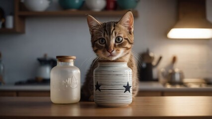A cat curiously peeks from a decorative jar in a cozy kitchen setting.
