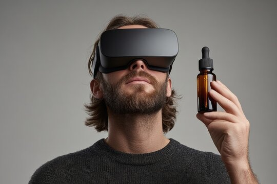 Virtual Reality Skinminimalism Adult Man Engaged with Digital Skincare Guide and Serum - Innovative Wellness Solutions in Tech-Digital Market for Modern Grooming