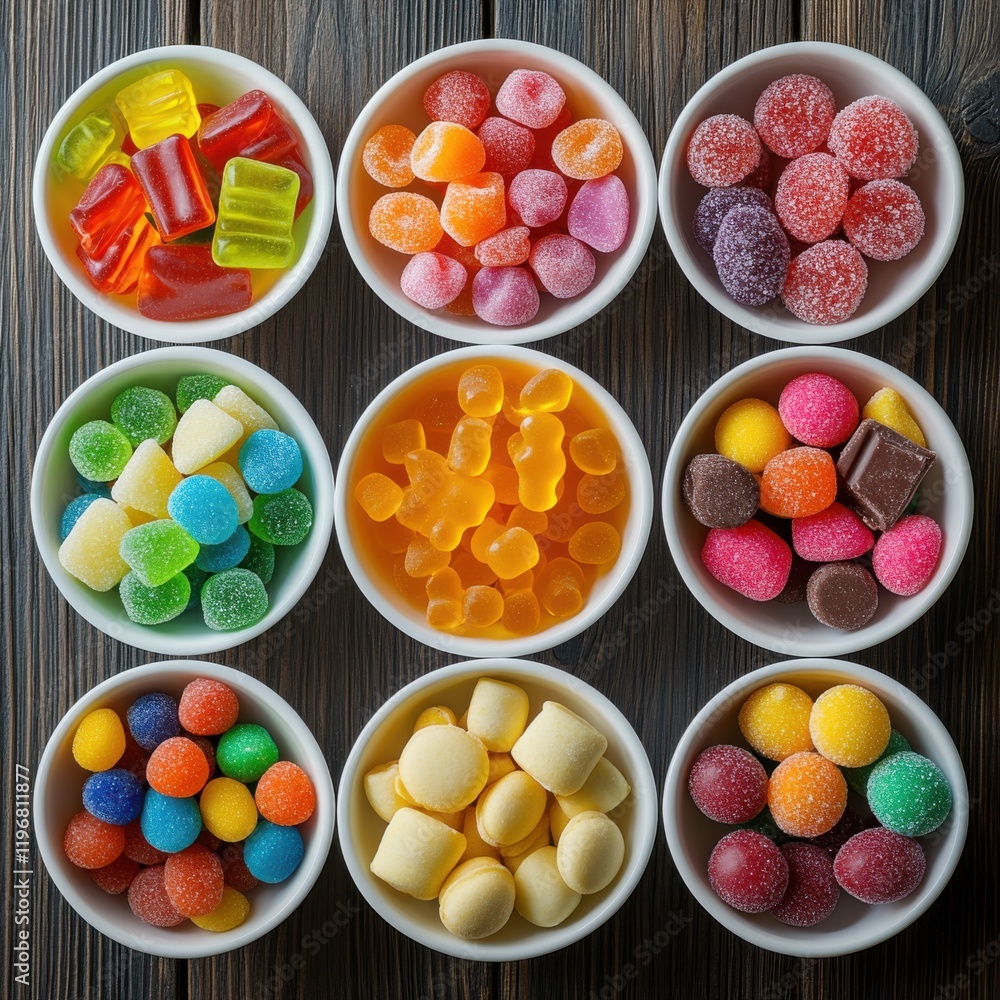 Poster a colorful array of assorted gummy candies displayed in bowls on a rustic wooden table for sweet tre