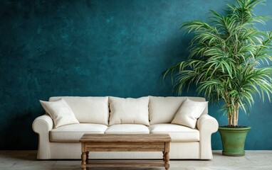 Modern living room with teal blue walls and a cream sofa, complemented by a wooden coffee table and a tall green potted plant in the corner, empty room, copy space background
