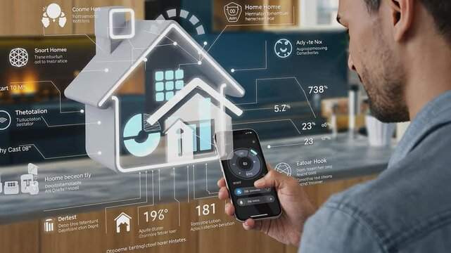 A man uses a smartphone app to control his smart home system, visualized by a 3D house model and interactive data displays.