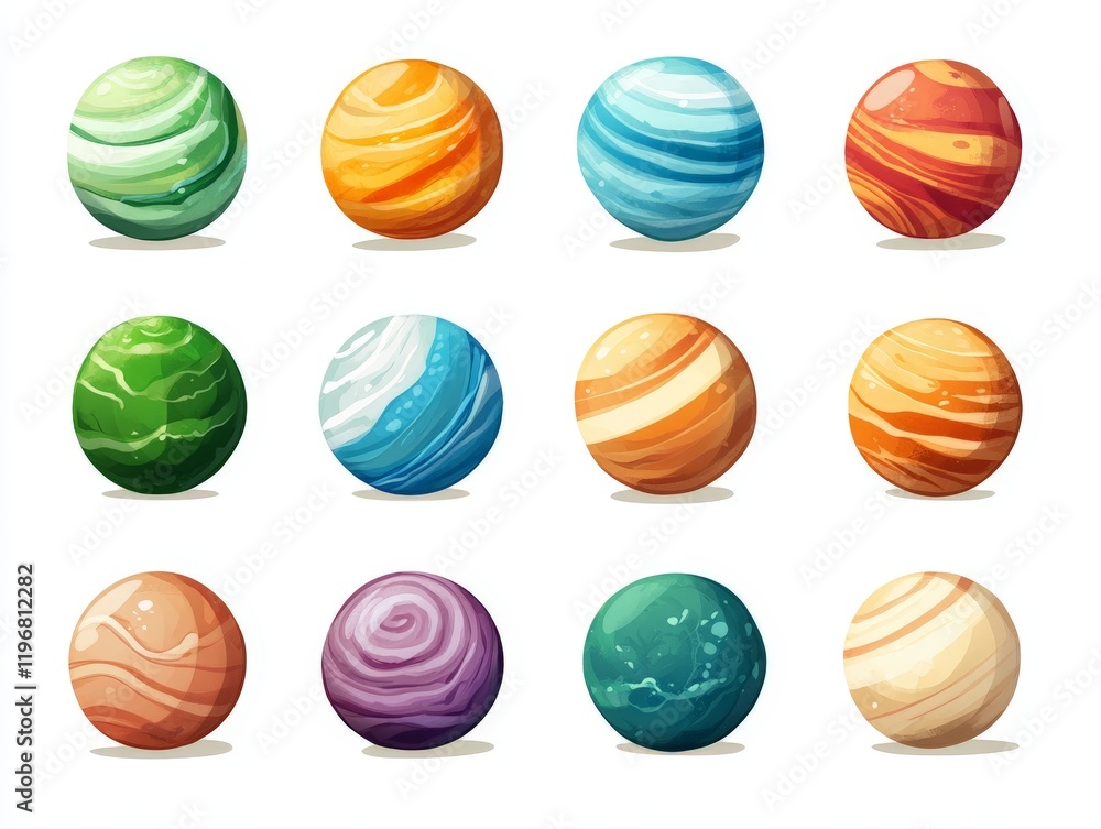 Poster vibrant set of multicolored planetary spheres with intricate textures and cosmic patterns on a white