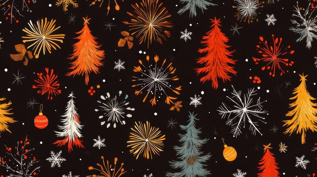 Hew year and Christmas seamless pattern with fireworks. Abstract holidays ornament. Repeating print background texture. Fabric design. Wallpaper. 