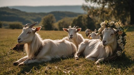 Fototapeta premium A serene scene of four goats resting in a meadow, one adorned with a floral crown.