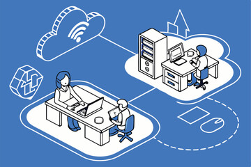 Cloud computing, network diagram, office workers at desks, data server, digital connectivity, information sharing, blue and white color scheme, minimalist illustration, flat design, business technolog