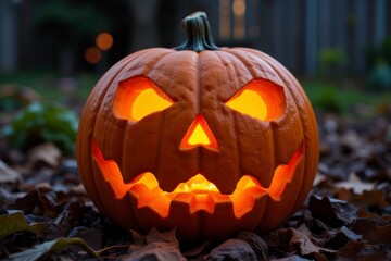 Spooky Glowing Jack o lantern on Autumn Leaves at Night Halloween Decoration