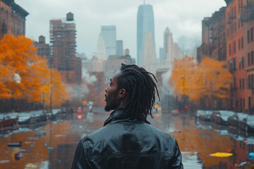 Obraz premium Urban autumn reflections: man in leather jacket exploring cityscape with vibrant fall foliage