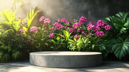 Vibrant Pink Flowers and Lush Greenery on Concrete Display Platform: A Stunning Floral Scene