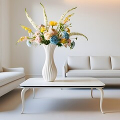 A white undulating vase stands on a table next to the sofa.