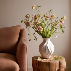 A white undulating vase stands on a table next to the sofa.