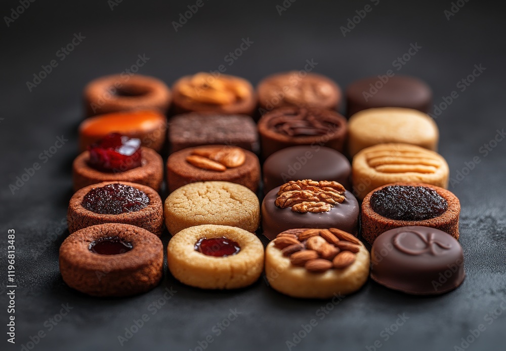 Poster a delicious array of artisan cookies featuring various flavors and textures arranged on a dark backg