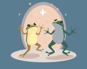 Two cute frogs are dancing under the stars. Romantic warm atmosphere, warm, soft tones