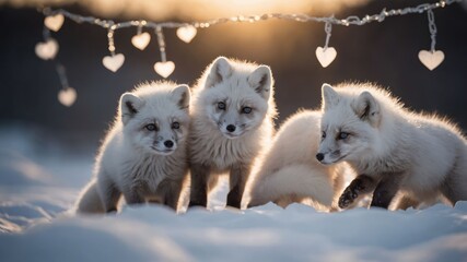 Obraz premium Three playful arctic foxes in a snowy landscape with heart-shaped decorations.