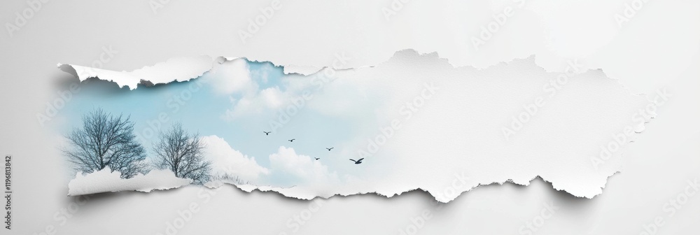 Leinwandbilder create fresh designs with spacious mock up featuring torn paper revealing a tranquil sky and trees. 