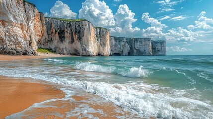 Breathtaking seascape view with gentle waves lapping at the shore framed by towering rocky cliffs...