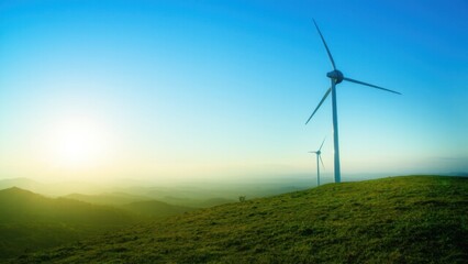 Obraz premium Wind turbine on a green hill with swirling light trails symbolizes the dynamic and sustainable power of renewable energy sources