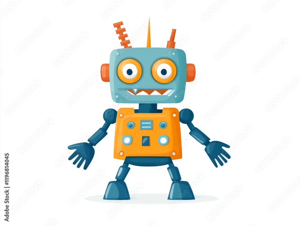 Poster blue and orange robot with a playful design in a standing position emphasizing futuristic technology