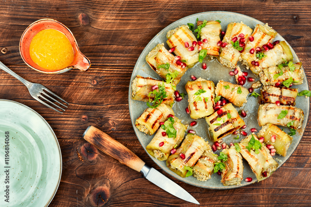 Wall mural Baked eggplant roll.