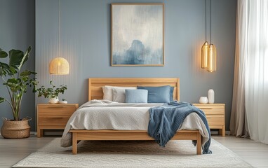 Scandinavian bedroom with clean lines, light wood nightstands, and soft ambient lighting