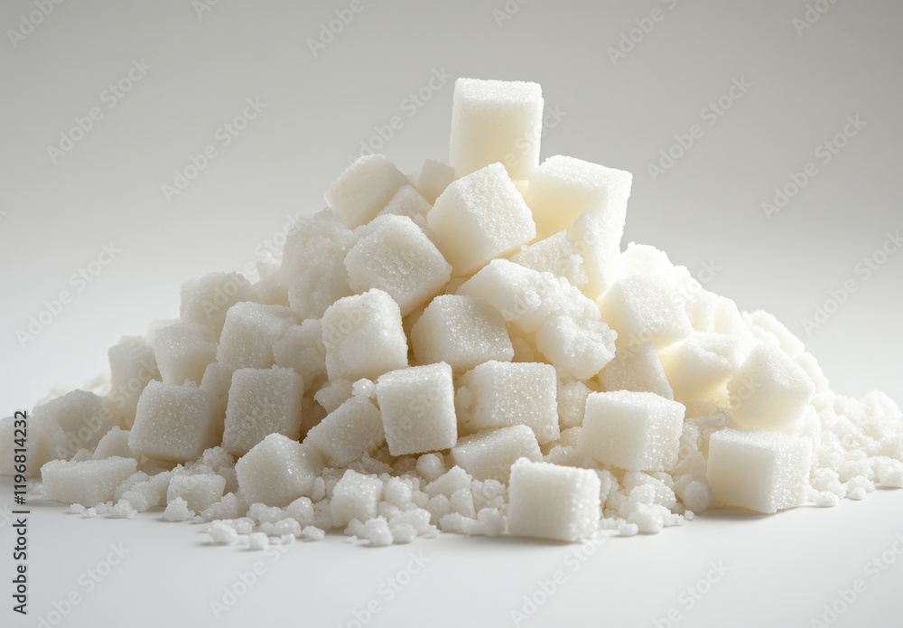 Poster a generous pile of cubes of white sugar on a light background displaying a sweet and simple culinary