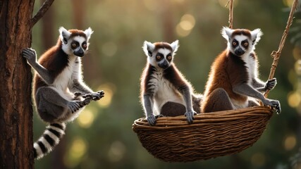 Three lemurs playfully interacting in a natural setting with a basket.