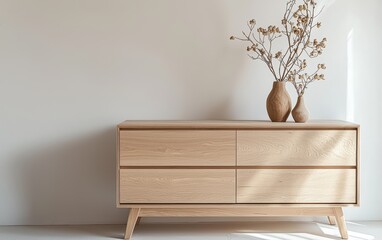 Scandinavian bedroom with soft neutral tones, a simple light wood dresser, and a minimalist vibe
