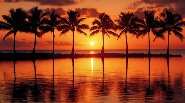 Stunning tropical sunset scene with swaying palm trees silhouetted against the vibrant orange and red sky their reflections perfectly mirrored on the still calm water