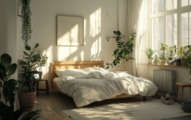Scandinavian bedroom with a simple wooden bed, white bedding, and a touch of greenery