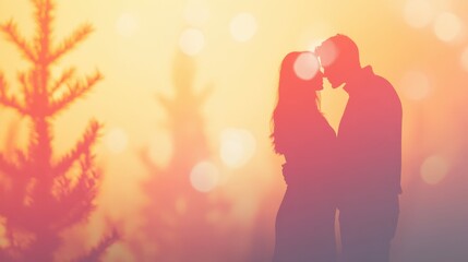 Romantic silhouette couple in soft blurred nature with colorful light orbs in autumn