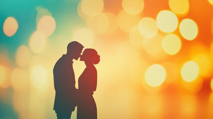 Romantic silhouette couple with colorful blurred background for greeting card design