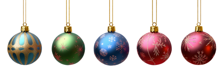 Blue, green, gold, pink and red Christmas bauble tree decorations isolated against a transparent background.