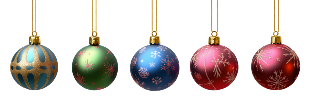 Blue, green, gold, pink and red Christmas bauble tree decorations isolated against a transparent background.
