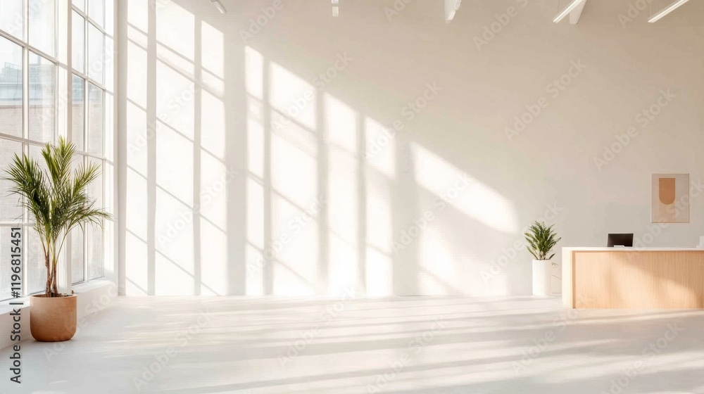 Poster Minimalist Sunlit Workspace Design with Natural Elements and Modern Open Layout for Creative Office Environments - Enhancing Productivity and Well-being in Urban Workspaces