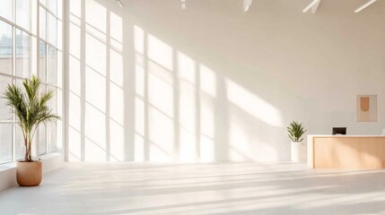 Minimalist Sunlit Workspace Design with Natural Elements and Modern Open Layout for Creative Office Environments - Enhancing Productivity and Well-being in Urban Workspaces