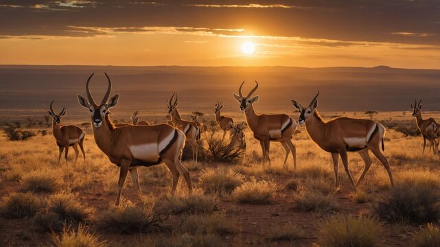 A serene sunset scene with antelopes in a golden landscape.