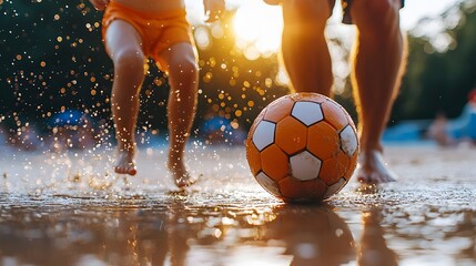 Close up of a parent and child kicking a beach soccer ball together as the sun sets over the ocean shore The energetic movement and splashing water create a dynamic
