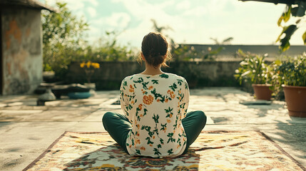 Fototapeta premium Woman meditating outdoors on a sunny day in peaceful garden setting