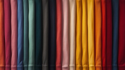 Vibrant Hues: A spectrum of folded fabrics showcasing a rich array of colors, textures, and shades, perfect for design inspiration or textile displays.