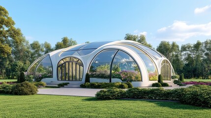 Fototapeta premium Modern Glass House Surrounded by Lush Green Landscape and Trees