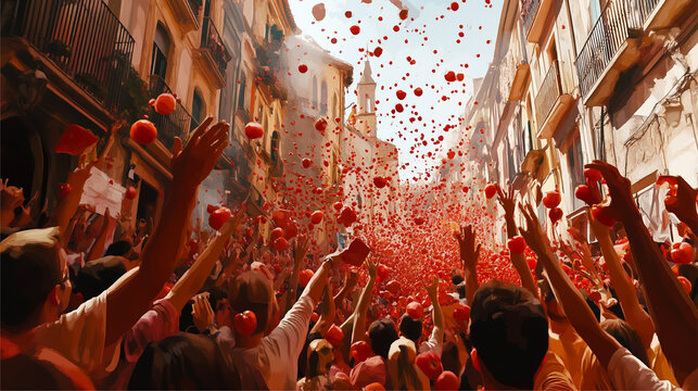 Fototapeta People throw tomatoes enthusiastically at the La Tomatina Festival, the background of city streets filled with red tomatoes and people cheering. AI generated images. 