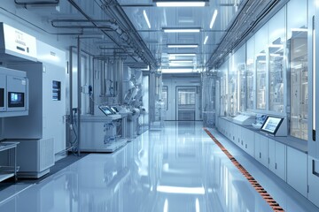 Clean, sterile laboratory corridor with equipment.