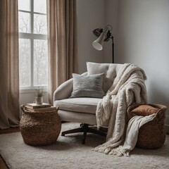 A cozy reading nook with a comfortable armchair, soft blankets, and a peaceful white background.

