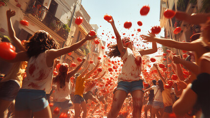 People throw tomatoes enthusiastically at the La Tomatina Festival, the background of city streets filled with red tomatoes and people cheering. AI generated images.	