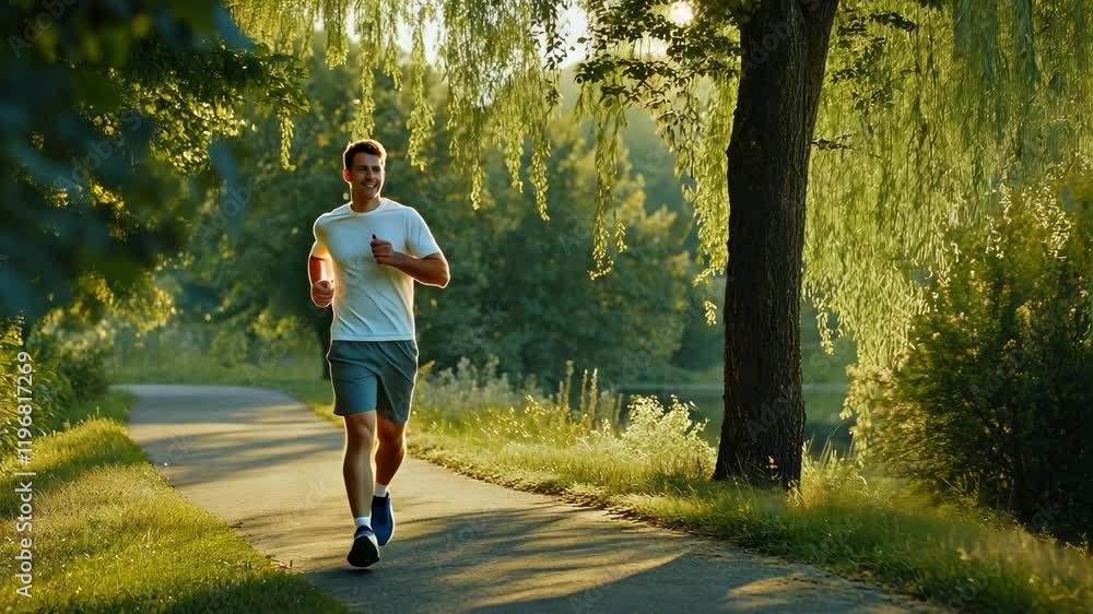 Poster man jogging on a serene path surrounded by trees during a sunny afternoon